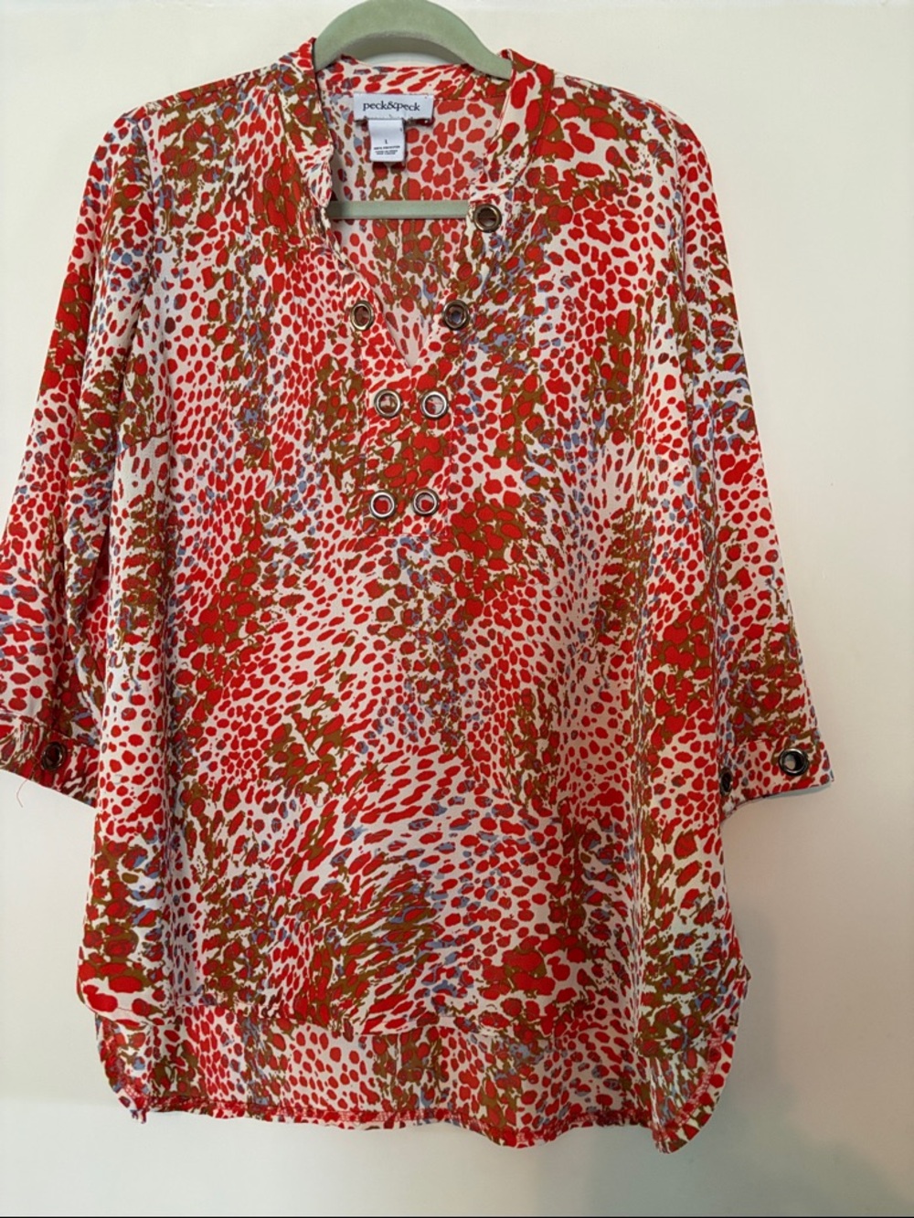 Peck & Peck Red and Olive Printed Grommet V-Neck Tunic